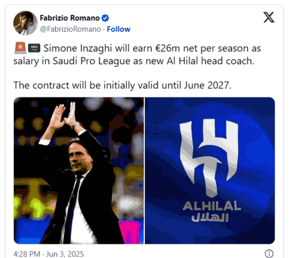 See Simone Inzaghi's New Club And How Much He will earn 6 Fabrizio Romano Tweet